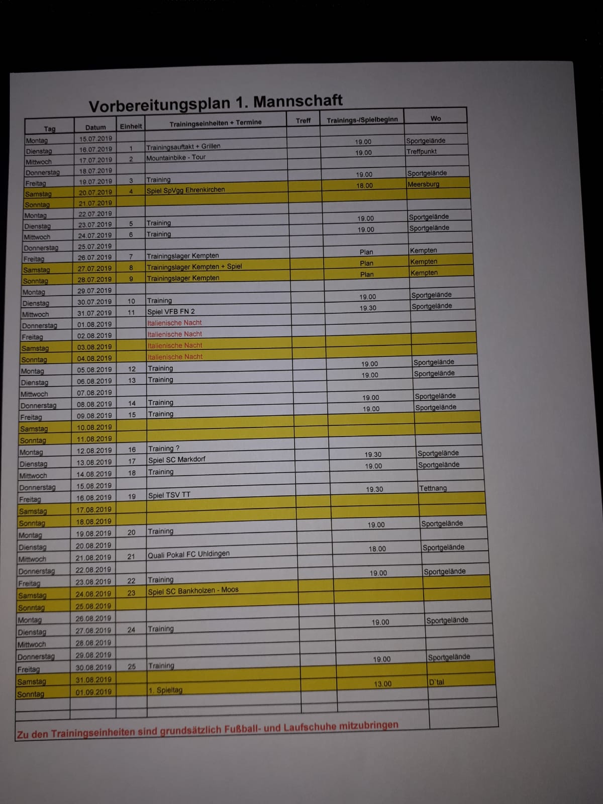 Vorbereitungsplab erste saison 2019 20